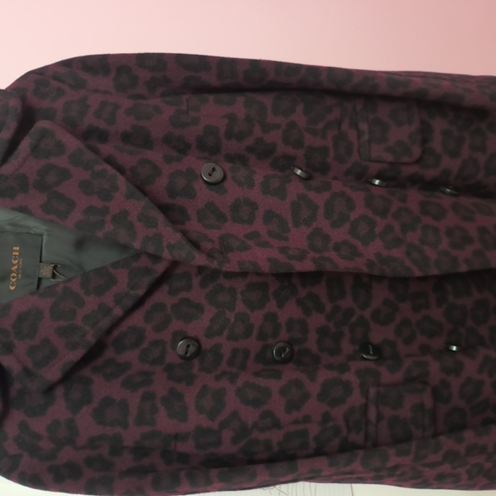 Coach Leopard Print Ocelot long peacoat Coat - dark cranberry and black - Picture 2 of 8